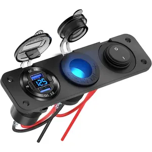 12V USB Outlet Boat Accessories Marine Switch Panel Plug, PD3.0 and Dual QC3.0 USB Ports Aluminum Car Charger with Voltmeter, Lighted 150W Cigarette Lighter Socket and Toggle Switch 3 in 1 DIY Kit