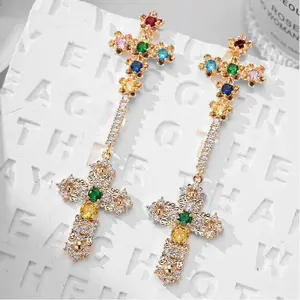 Fashionable and unique long cross earrings with colored zirconia inlay DDES0840, light luxury with a high-end feel, premium craftsmanship zirconia earrings