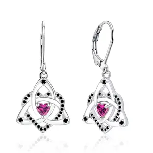 925 Sterling Silver Celtic knot Heart Earrings Celtic Trinity Knot Leverback Earrings with Pink Cubic Zirconia.Elegant Jewelry for Women Gift