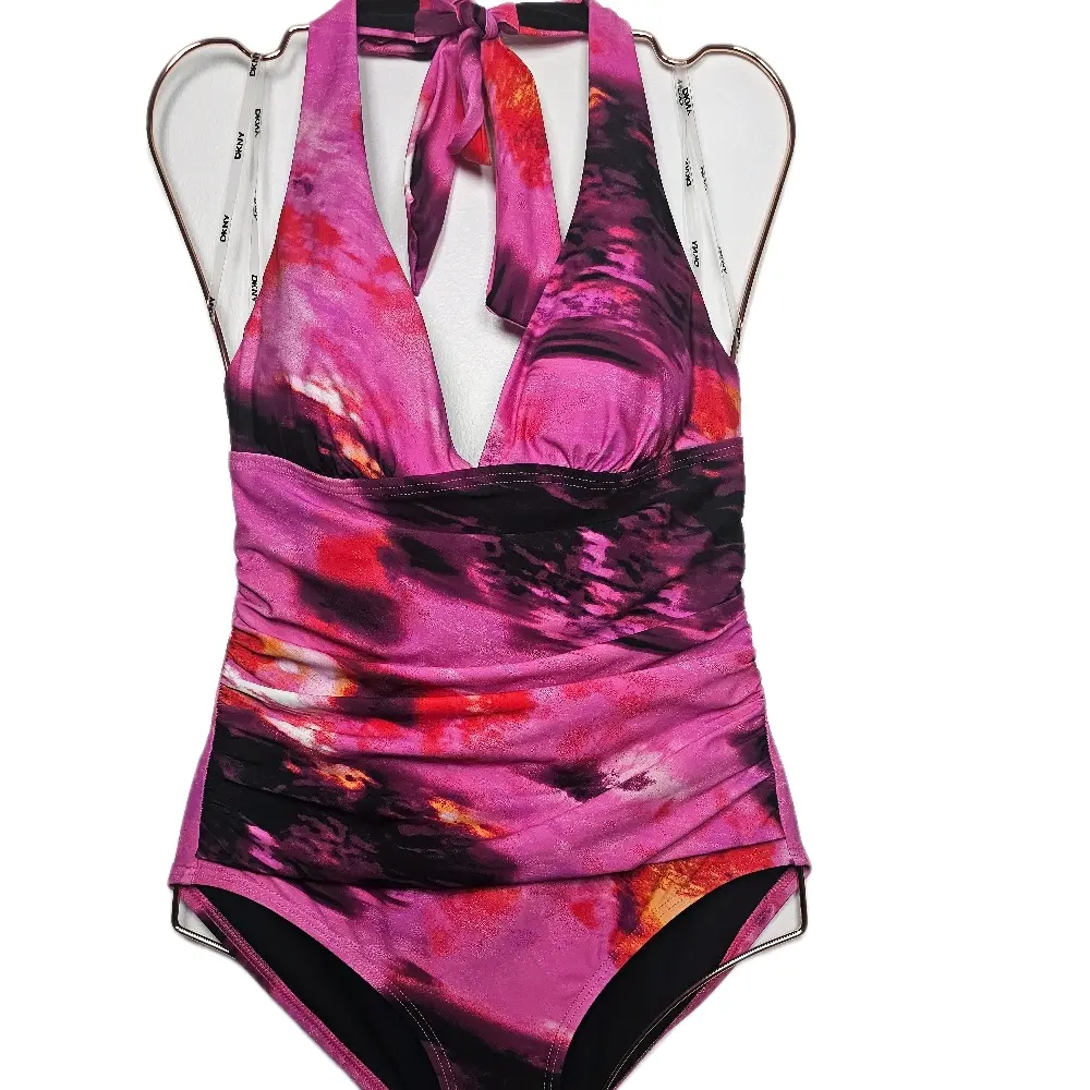 DKNY Women's Tie-Back Halter-Style Pink Multi Swimwear Swimsuit with Versatile Top for Women in Pink