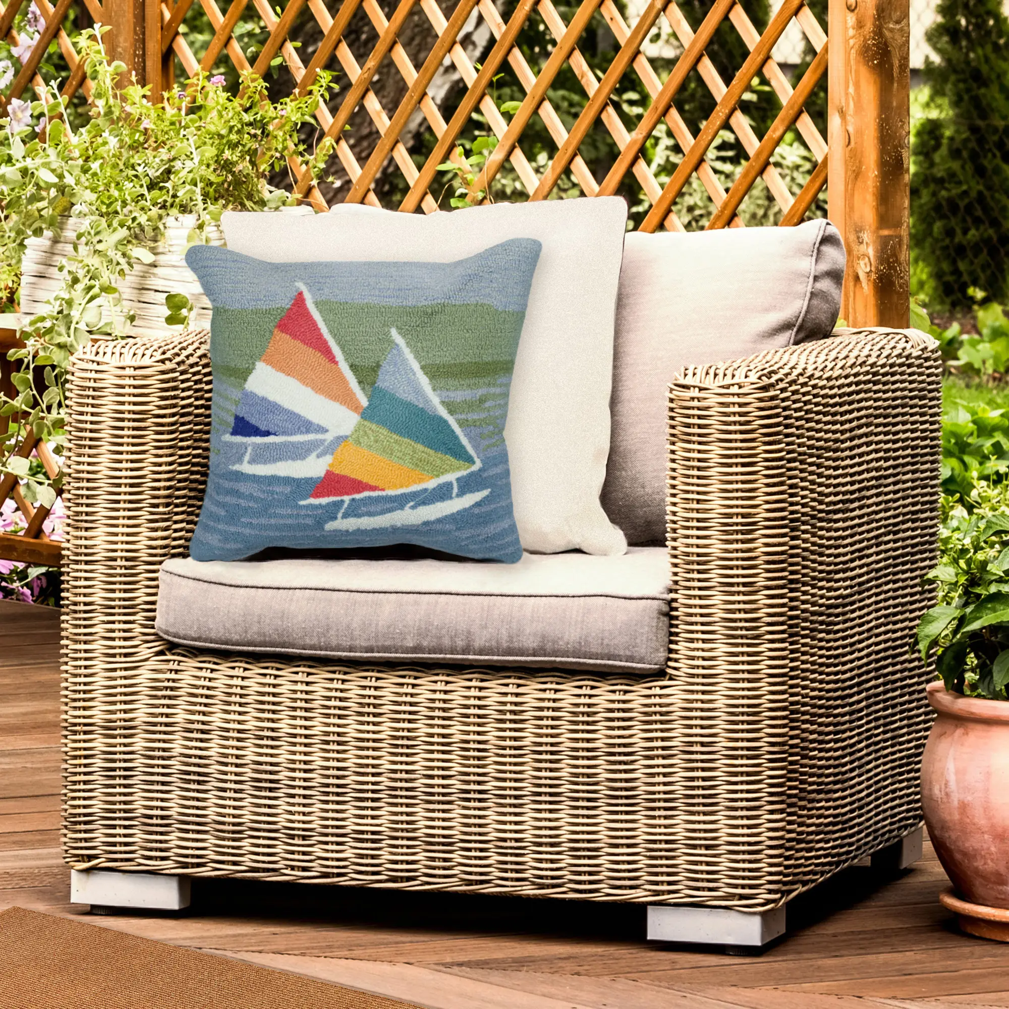 Lush Decor Handmade Hand-Tufted Hooked Fiber Outdoor Pillow - Polyester Blend, Cushions for Outdoor Furniture, Transitional Interior Accent, Sailing Graphic, Ocean Decor, Outdoor Cushions