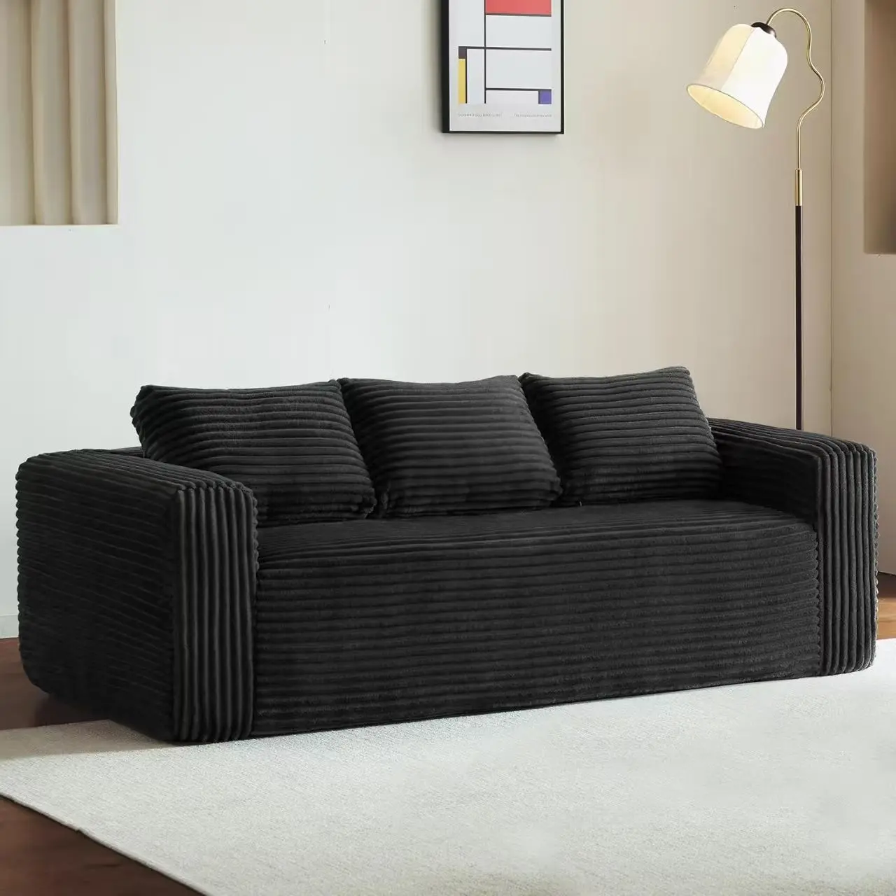 Black Corduroy 2-Seat Memory Foam Cloud Loveseat Sofa Couch in a Box, Breathable Skin-Friendly Compressed No-Assembly Boneless Couch for Family, Small Spaces Bedroom