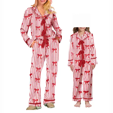 FOCUSNORM Mommy and Me Christmas Pajamas Sets Xmas Matching Set Bow Tie Long Sleeve Shirt Pants Lounge Set for Women Girls