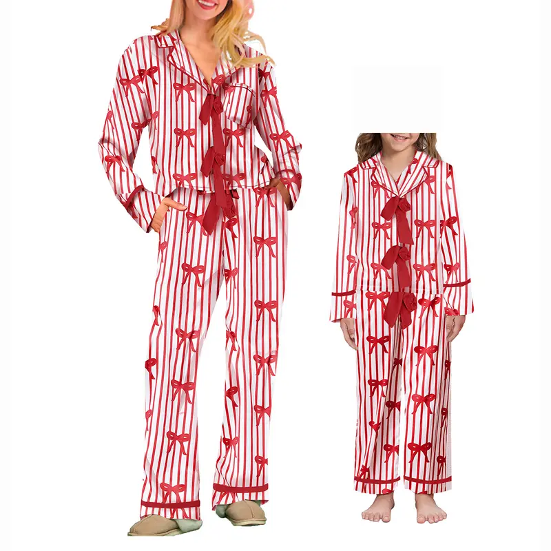 FOCUSNORM Mommy and Me Christmas Pajamas Sets Xmas Matching Set Bow Tie Long Sleeve Shirt Pants Lounge Set for Women Girls