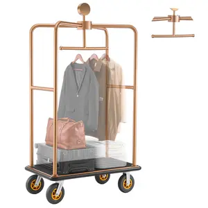 VEVOR Hotel Luggage Cart, 1200 lbs Heavy Duty Bellman Cart with Stainless Steel Frame, 8 in Rubber Wheels, Black Carpeted Deck, Commercial Luggage Carrier Rolling Trolley for Hotels,Resorts, Rose Gold