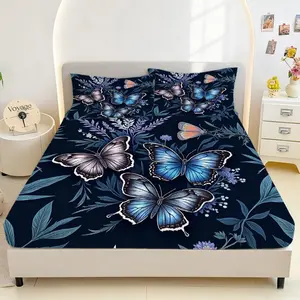 3pcs Bedding Set, Queen/king Size, Blue Butterfly Print, Deep Pocket, Non-Slip, Pet-Friendly, All-Season Use