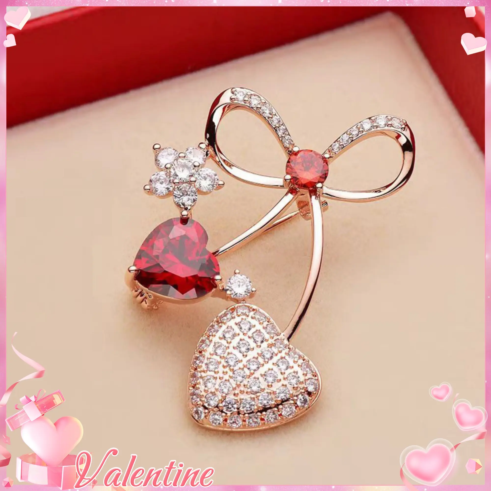 Women's Heart-Shaped Brooch Pin - Elegant Golden-Tone Titanium Alloy, Red Stones, Rhinestone Accents - Valentine Gifts