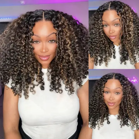 4c Curly Highlight Wig 220% Density 1B/27 Blonde Wigs Human Hair Pre-cut 8x5 HD Lace Wear Go Glueless Wig Bleached Invisible Knots