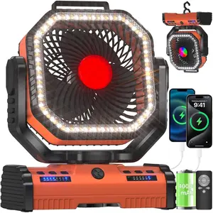 12 Inch Portable Camping Fan, 40000mAh Rechargeable   Fan with 4 Speeds Wind and LED Light 140H, Cool & Warm Light and SOS Mode, Auto Oscillating, 360? Rotating Hang Hook(Orange)