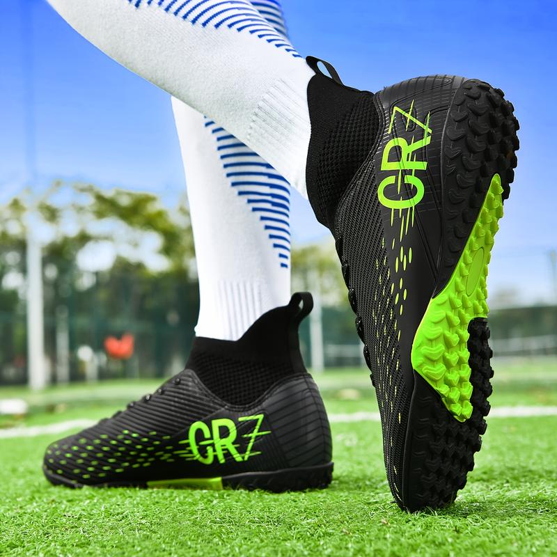 Men's High-top Soccer Shoes - Non-slip, Breathable, Lightweight, Soccer Boots with AG Studs, Suitable for Outdoor Training and Matches, Black with Yellow Accents, CR7 Design, PU Upper, Rubber Sole, Lace-up Closure