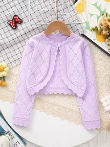 Girls' Spring Elegant Hollow Out Design Rhombus Pattern + Trimmed Knit Cardigan, Stylish Kids' Outerwear for Warm Weather