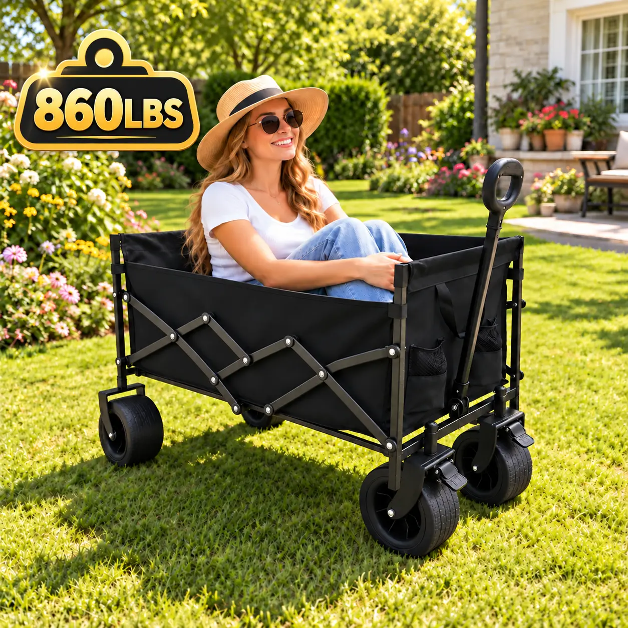 High Carbon Steel Folding Rectangular Cart - Durable Tires, 360° Rotating Front Wheels, Folded Storage, No Assembly, Outdoor Transport Tool for Daily Shopping, Beach Travel