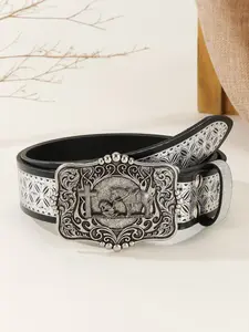 Western Cowboy Vintage Belt Leather Strap, Western Buckle Belt, Style Cow Head Embossed Casual Versatile Belt for Men, Durable