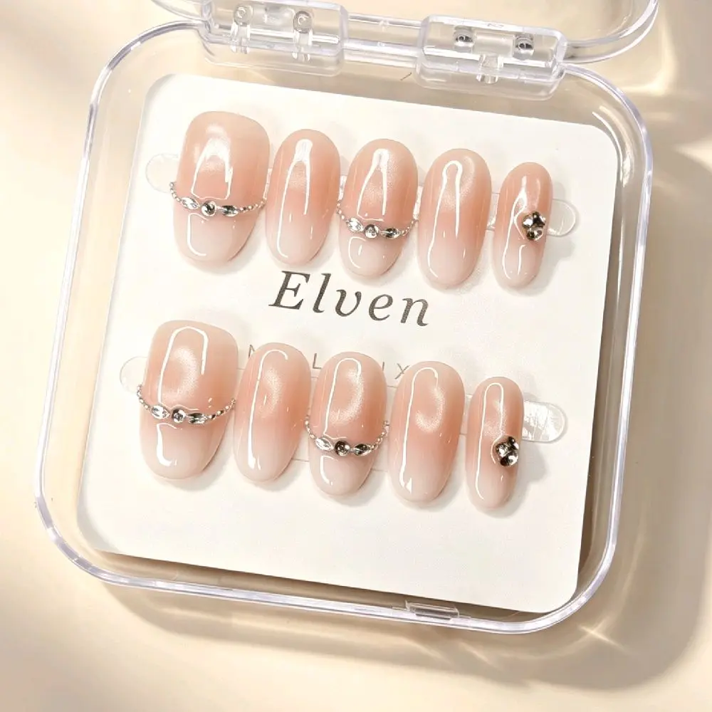 Handmade Nude Pink Press On Nails - Ombre Sheer Base with Silver Rhinestone Chain, Short Oval Reusable Fake Nails, Salon Quality