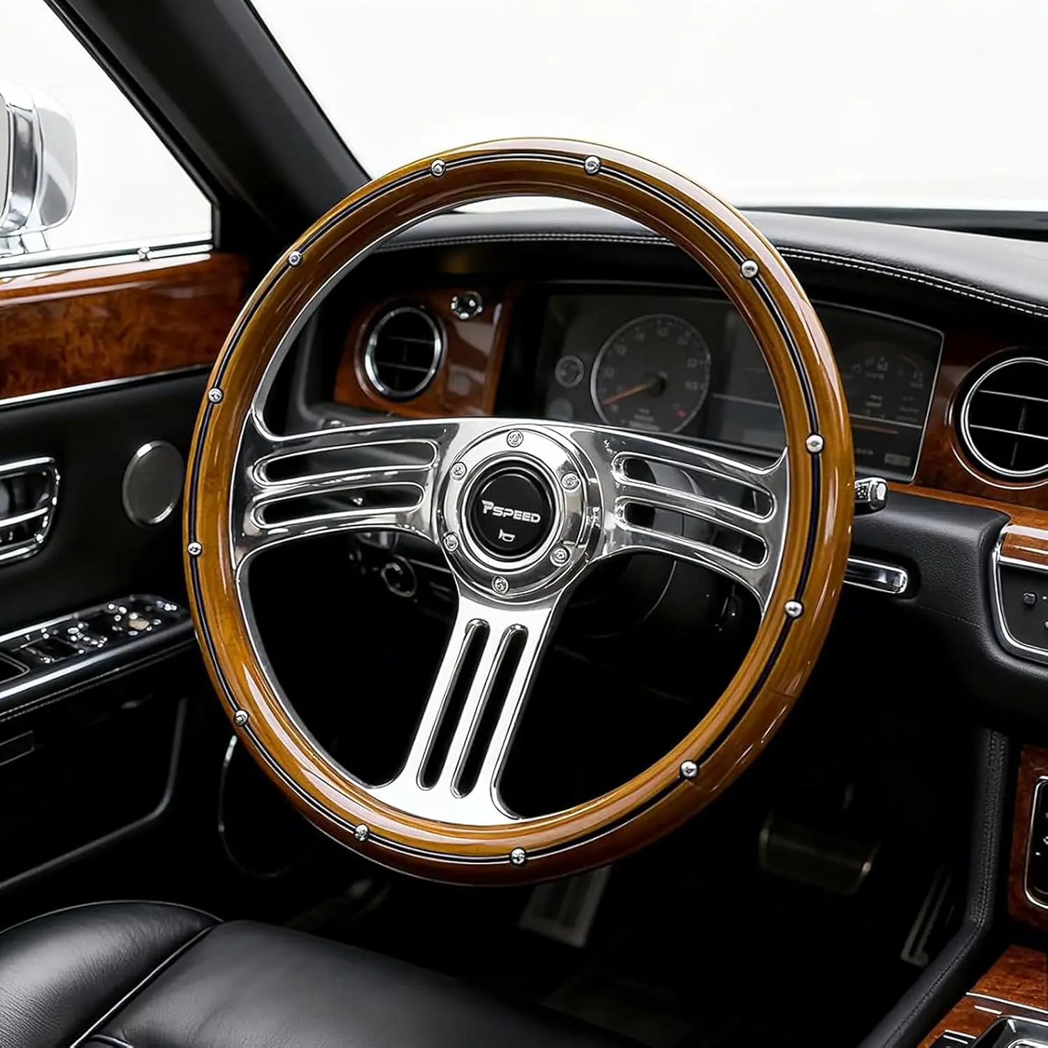 14 inch Solid Wood Steering Wheel,6 Bolt Hole 3 Spoke Chrome-Plated Aluminum Alloy with Horn Button 70MM Deep Dish Fit for Cars,Racing,Vintage Car,350mm Classic Car steering wheel