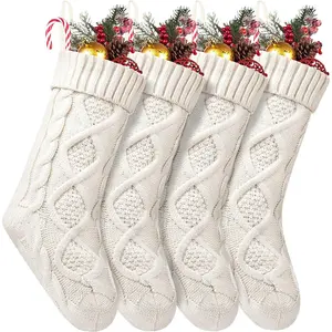 4 Pack 18 Inches Large Size Cable Knitted Christmas Stockings Gifts & Decorations for Family Holiday Xmas Party, Ivory White