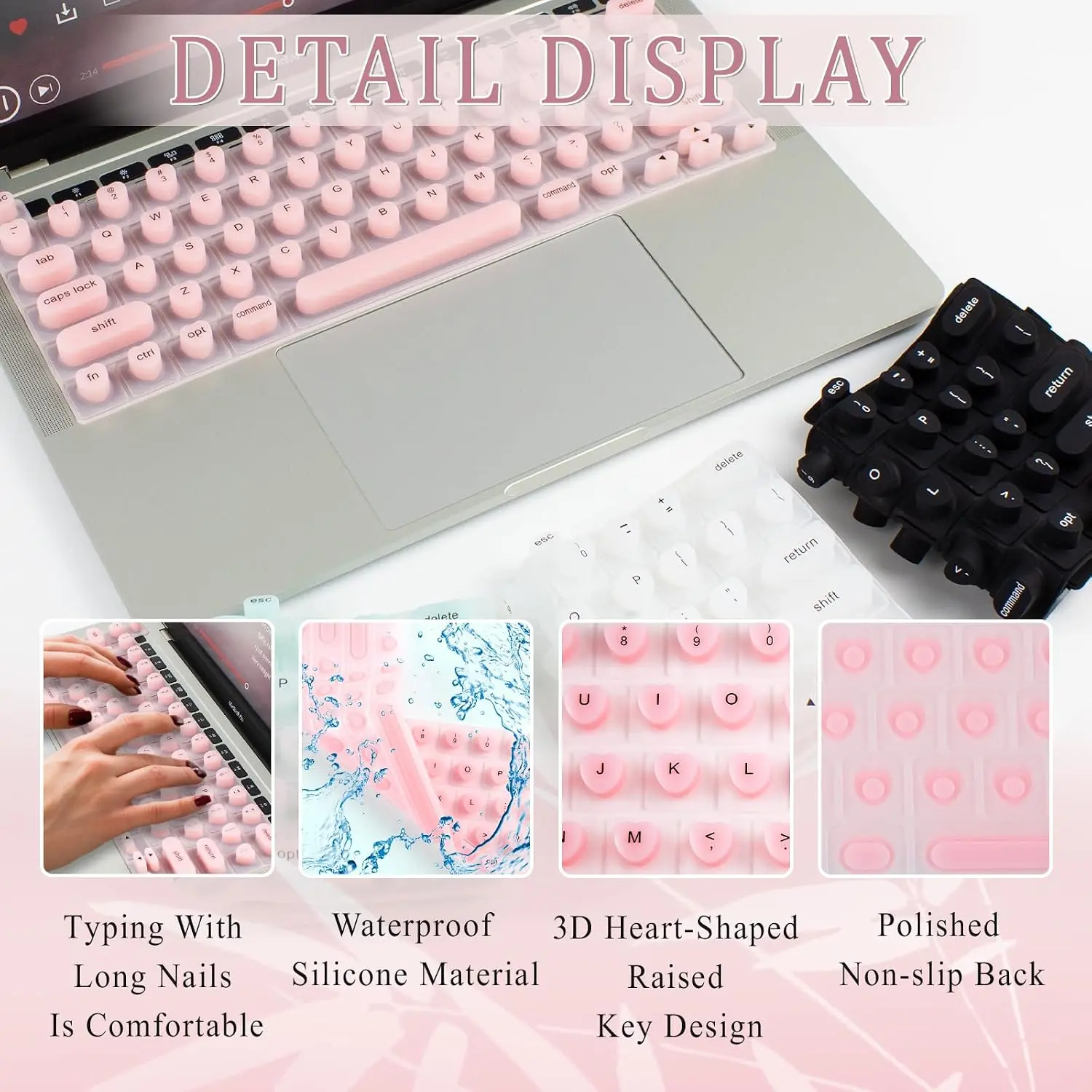 Keyboard Cover for Long Nails, Acrylic Gel Nails - Silicone Keyboard Protector Skin with Raised Keys for Typing and Gaming, Compatible with MacBook Pro/Air 13"/14"/15"/16" 2020-2025 (Pink)
