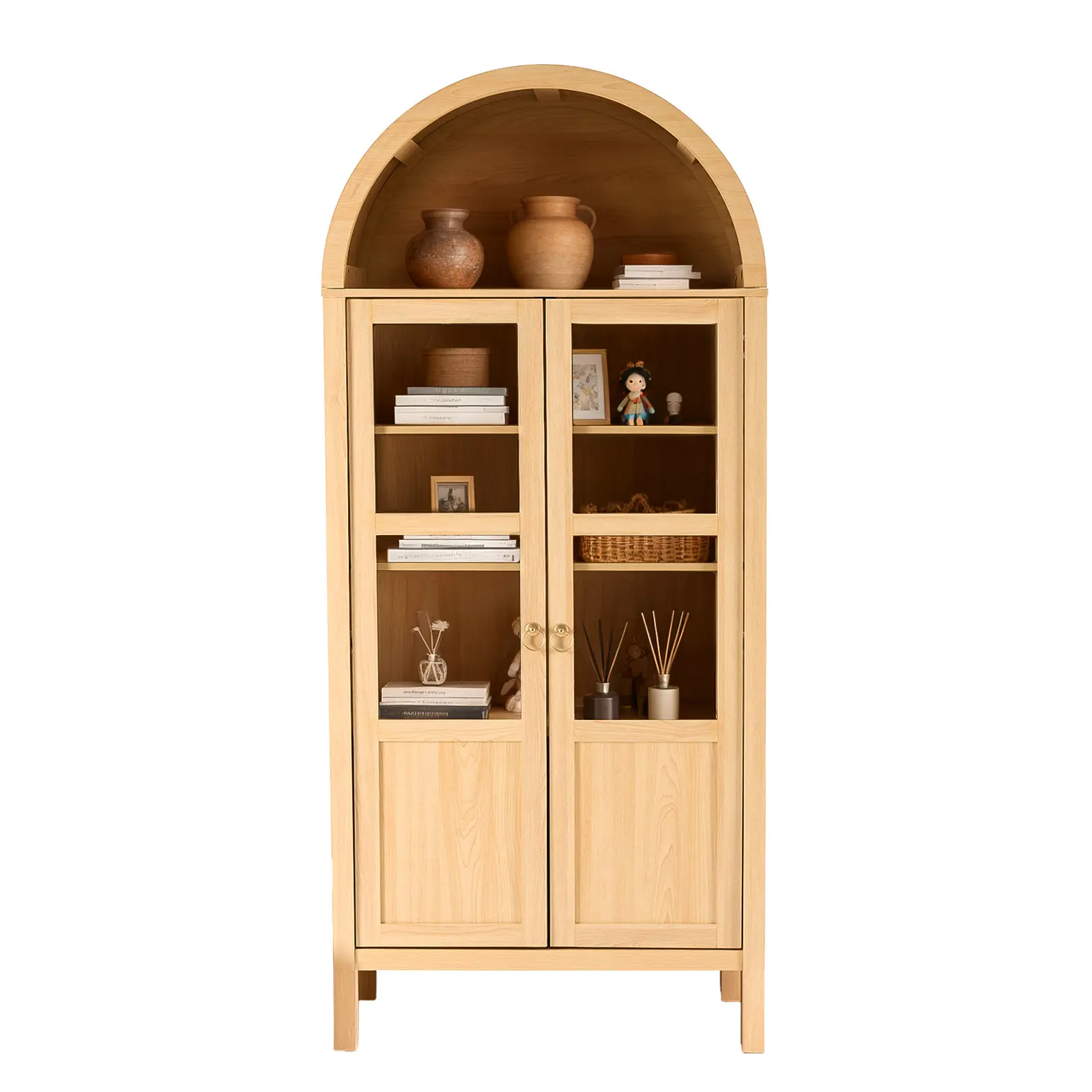 71" Wood Tall Storage Display Cabinet with Rounded Arched Top in Oak 2 Doors for Home Decor 71" Wood Tall Storage Display Cabinet with Rounded Arched Top in Oak 2 Doors for Home Decor