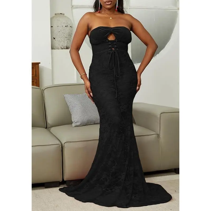 lace see through bodycon dress Long-Sleeve V-Neck Plunge Plain Lace See-Through Maxi Bodycon Dress