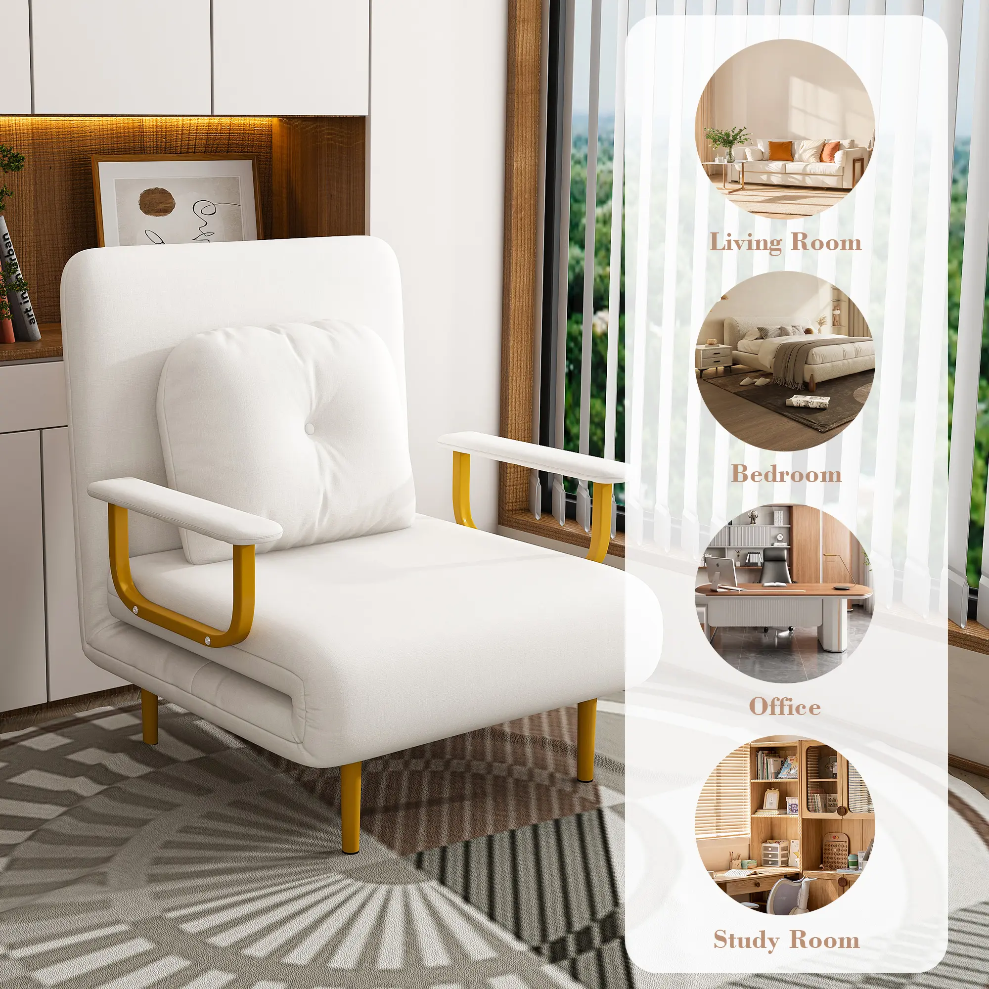 Convertible Sofa Chair Bed, 440lbs Capacity Multi-Functional Accent Chair with Pillow, Modern White Sleeper Chair with Golden Metal Legs for Living Room Bedroom Office, Easy Assembly & Space-Saving Design