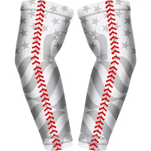 Exxact Sports 1 Pair Compression Arm Sleeves for Men Women, Breathable Baseball Arm Sleeve Football Sleeves Youth Adult - (White Baseball Flag)