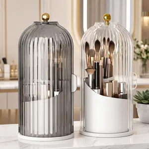 NOVIDA 360-Degree Rotating Makeup Brush & Toothbrush Holder Organizer, Modern Home Accessories Bathroom Accessory with Transparent Door Lid for Vanity Bathroom Desktop Countertop Storage
