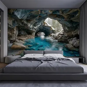 1pc Extra Large Cave Landscape Tapestry - Polyester Lightweight Wall Hanging with Realistic Stalactites & Cave Entrance Design, Horizontal Home Decor for Living Room, Bedroom, Party Backdrop - No Electricity Needed, 2D Flat