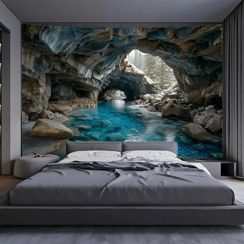1pc Extra Large Cave Landscape Tapestry - Polyester Lightweight Wall Hanging with Realistic Stalactites & Cave Entrance Design, Horizontal Home Decor for Living Room, Bedroom, Party Backdrop - No Electricity Needed, 2D Flat