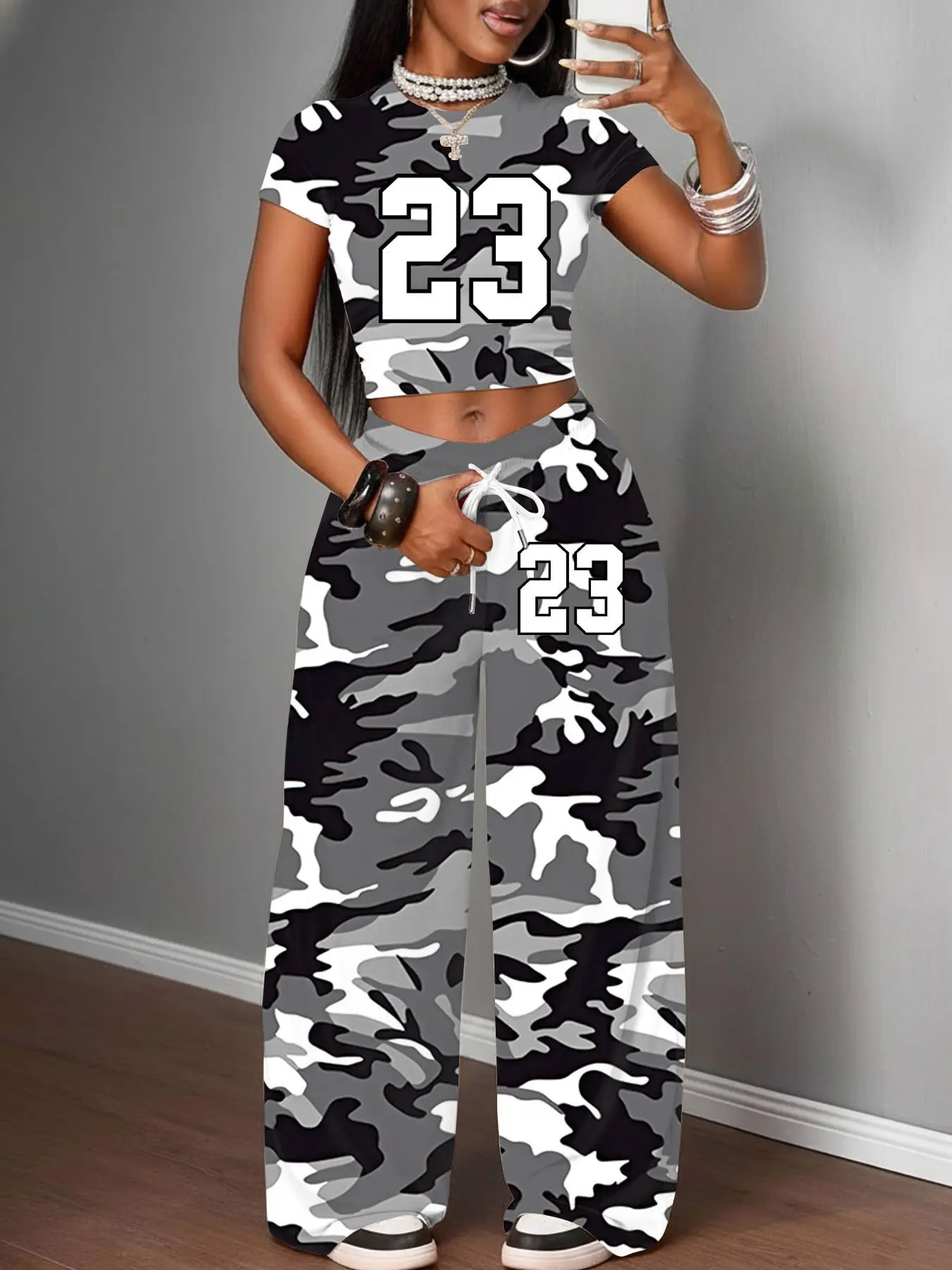 Women's Y2K Streetwear Set, Loose Camouflage Number 23 Short Sleeve Crop Top + Wide Leg Baggy Pants, Trendy Athletic, Casual Urban Fashion Ensemble Clothes