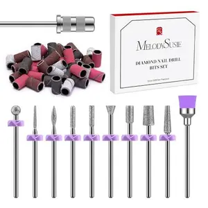 MelodySusie Nail Drill Bits, 10Pcs Diamond Sanding Bit Set with 40pcs Sanding Bands (#120#180#240 Grits) with 6.65mm Mandrel Bit, Nail Gel Polish Remover Tool for Acrylic Nails Manicure Nail Prep