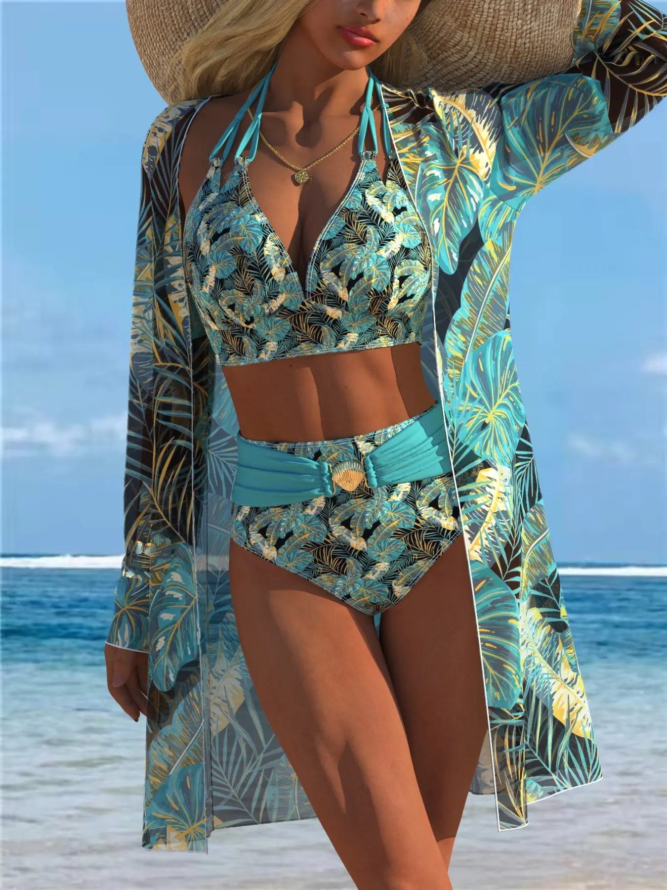 New European and American Women's Sexy Fashion Three-Piece Set, Sun Protection, Long Sleeve Mesh Print, Classic Split Triangle Bikini, Beach Poolwear, Summer Bikini Beach