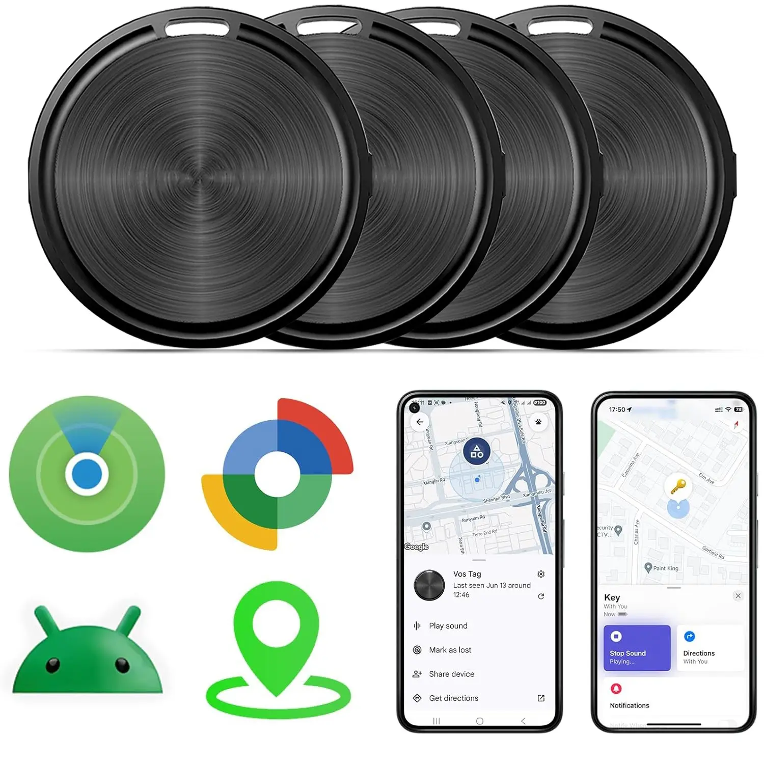 Smart Tracker Tag GPS Tracker for Android or iOS 1/2/4 Pack, Works with Apple Find My or Google Find Hub App, Loud Sound, Replaceable Battery, for Keys, Luggage, Suitcase, Backpack, Wallet- Black/White