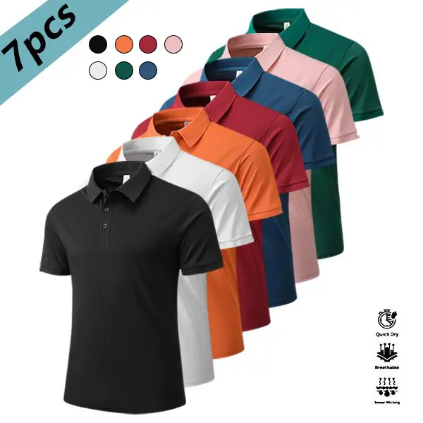 Men's 7-Pack Simple Solid Color Short-Sleeve Fitted Cotton Blend Polo Shirts - Quick-Dry, Breathable Athletic Tops for Casual, Golf/Tennis Use
