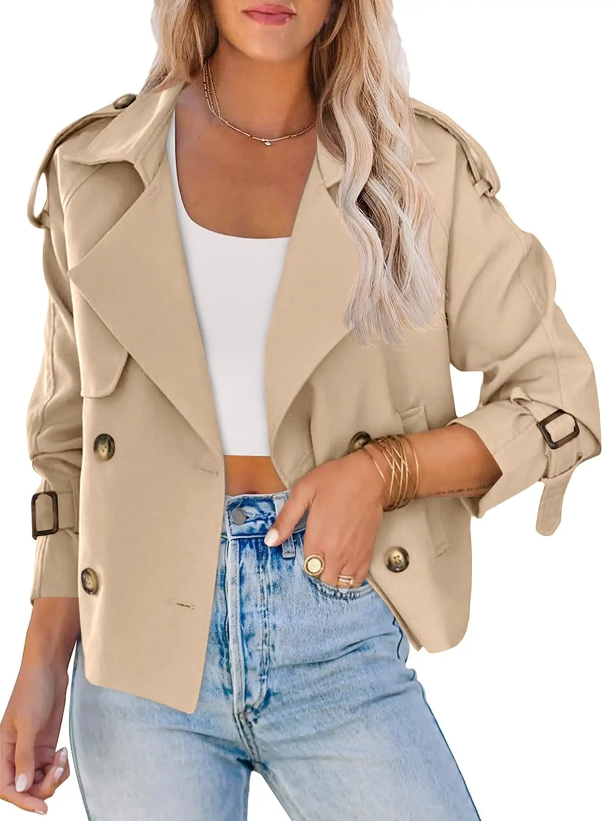 Goranbon Women Short Double Breasted Trench Coat Raglan Sleeve Work Office Cropped Jacket With Pockets