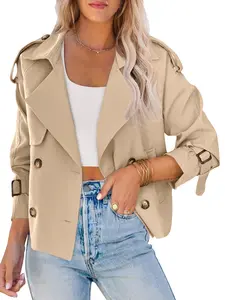 Goranbon Women Short Double Breasted Trench Coat Raglan Sleeve Work Office Cropped Jacket With Pockets