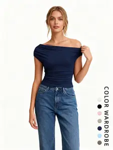 Women's Elegant One-Shoulder Strappy Knit T-Shirt, Slim-Fitting Waist Design, Fashionable Comfort Casual Wear, Suitable for All Seasons