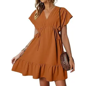 Women's Orange V Neck Ruffle Mini Dress Short Sleeve Drawstring A Line Flowy Skirt Medium Size