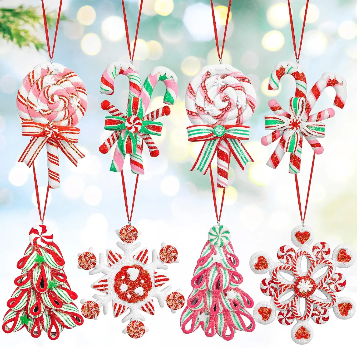 8 Pieces Peppermint Lollipop Candy Christmas Tree Ornaments Set,Polymer Clay Candy Lollipop Hanging Ornaments with Lollipop,Snowflake, Candy Cane for Christmas Tree Decorations Xmas Party Supplies
