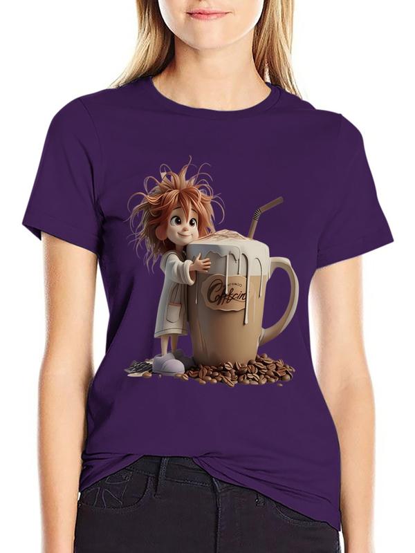 Women's Pure Cotton Crew Neck Short Sleeve Tops - Breathable Fitted Cut Graphic Print (Messy Hair Girl Giant Coffee Mug), Coffee Lover Halloween Loungewear, Minimalist #sohochic