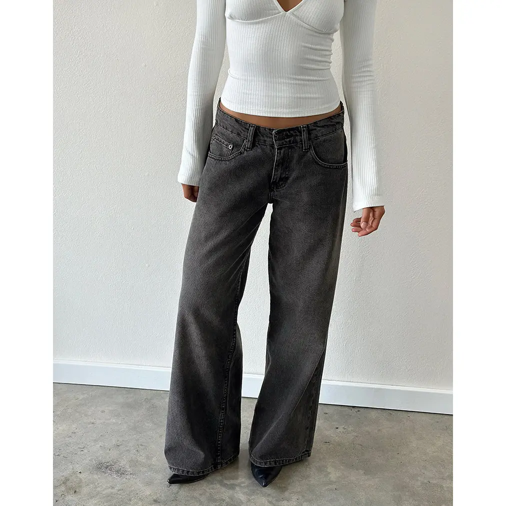 Motelrocks Women's Roomy Jeans - Low-Rise, Wide-Leg Fit in Washed Black Recycled Cotton with 5-Pocket Button Detail