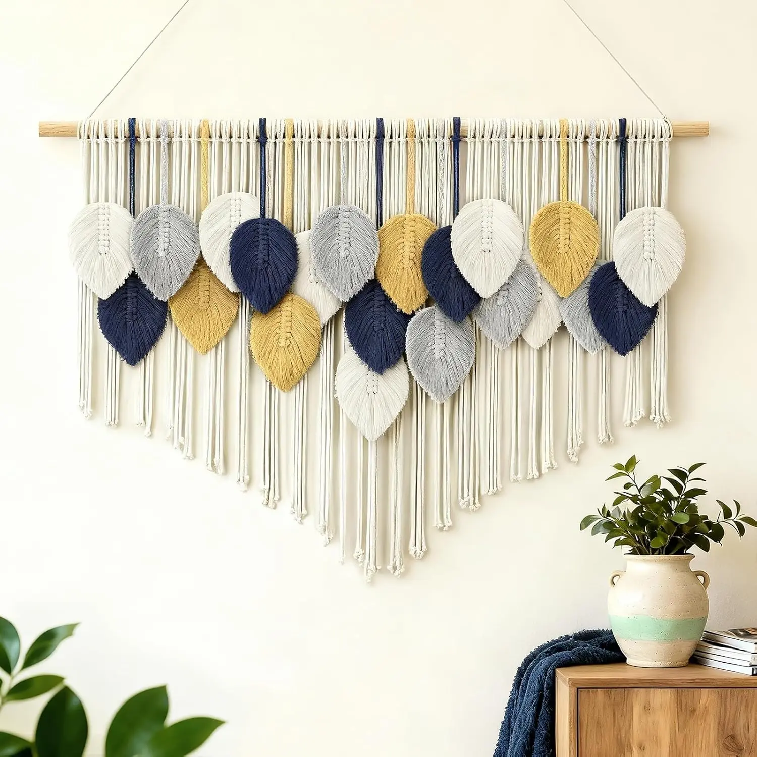 Boho Leaf Tassel Macrame Cotton Tapestry Wall Decor for Living Room, Bedroom or Nursery