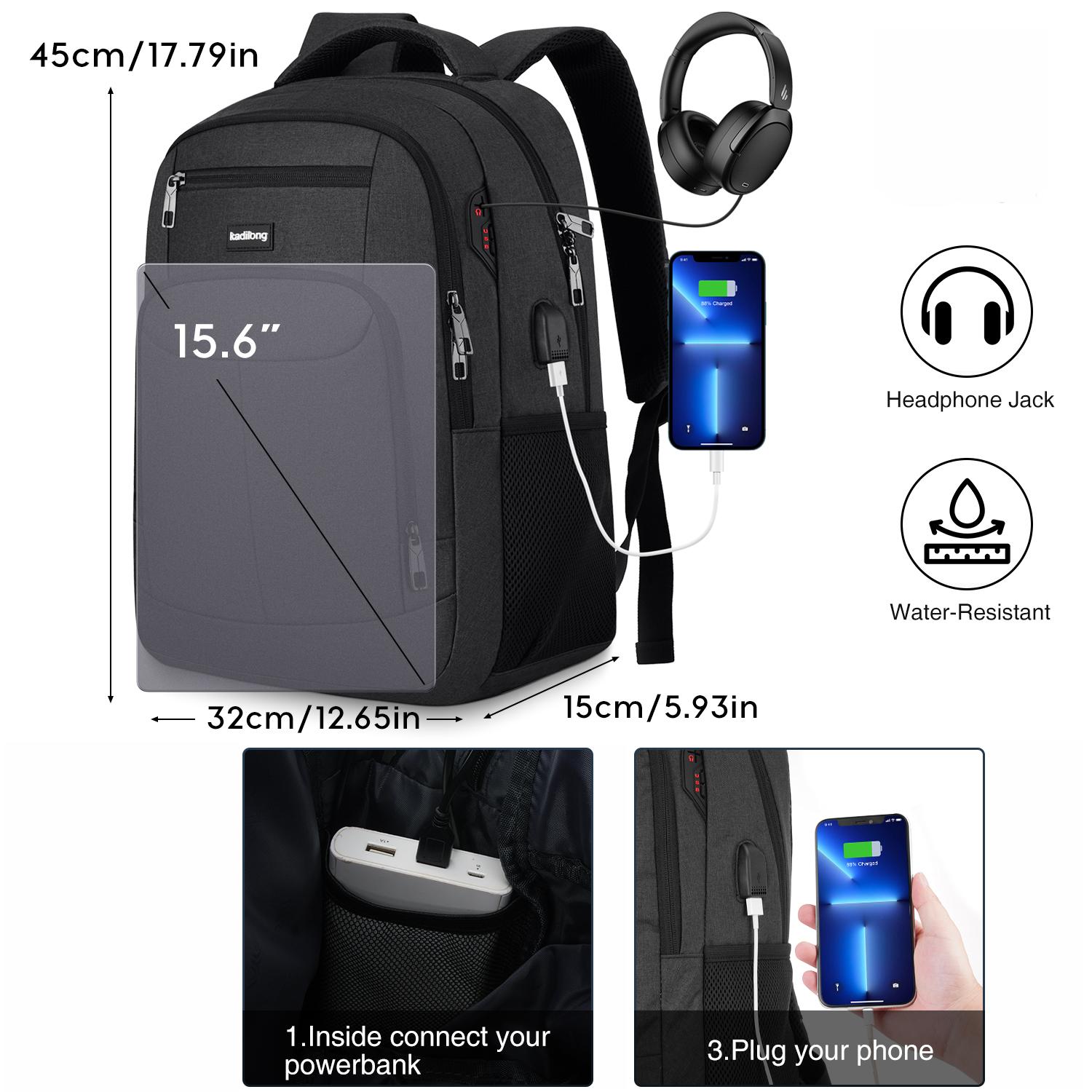 kadilong  Backpack with USB & Headphone Jack | Water Resistant Anti-theft Travel Backpack with Luggage Strap  Large Capacity Business Laptop Backpack for Men | Breathable Work Backpack with Multiple Pockets & Fully Padded Laptop Sleeve