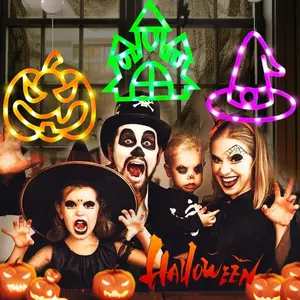 Halloween Window Decorations Set of 3, Pumpkin Hollow House Witch Hat Battery Operated Lights with Timer Function