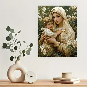 1pc Virgin Mary & Young Jesus Canvas Art - 11.8x15.7 Inch Vertical Religious Wall Decor with Golden Accents, Wooden Framed Floral Botanical Painting for Home, Office, Christmas, Baptism Gift, Office Artwork | Classic Artwork | Intricate Design
