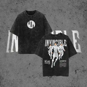 Invincible Viltrumite Warriors Comic Double Printed Oversized Acid Wash T-Shirt Black