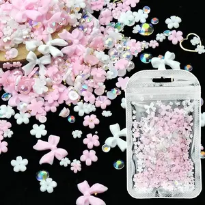 3D Pink White Mini Flower Bows Nail Charms, Flowers Nail Charms, Beads Nail Charms for Nail Art DIY Accessories