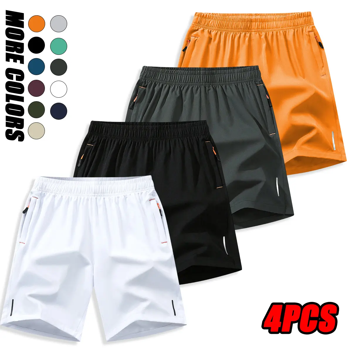 Men's 4-Pack Quick-Dry Active Shorts, Breathable Athletic Bottoms with Elastic Drawstring Waist, Reflective Stripes for Running, Sizes S-M-XL