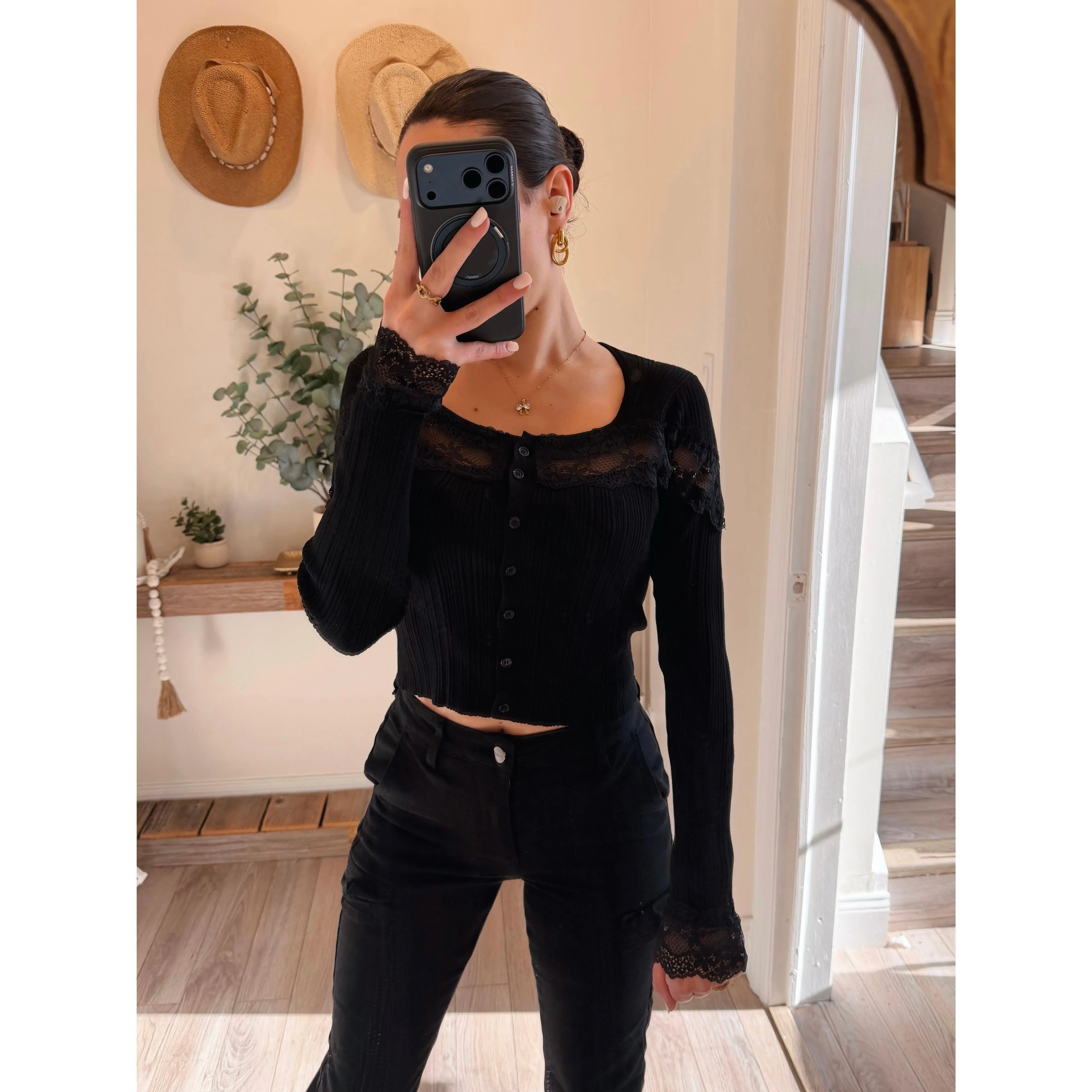 Black Lace Insert Long Sleeve Ribbed Sweater Top
