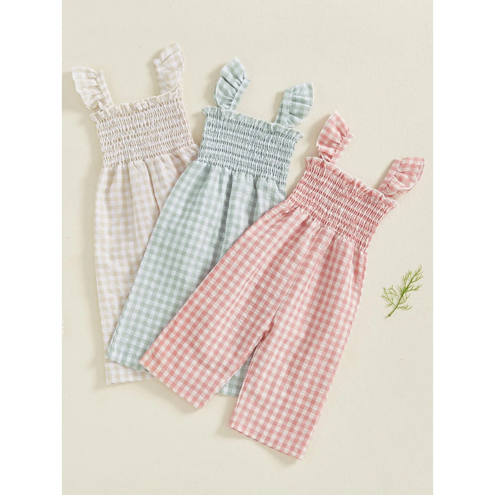 Baby Toddler Girl Plaid Jumpsuit 6 12 18 24 Months 2T 3T 4T Ruffle Sleeveless Smocked Romper Suspender Pants Summer Outfit