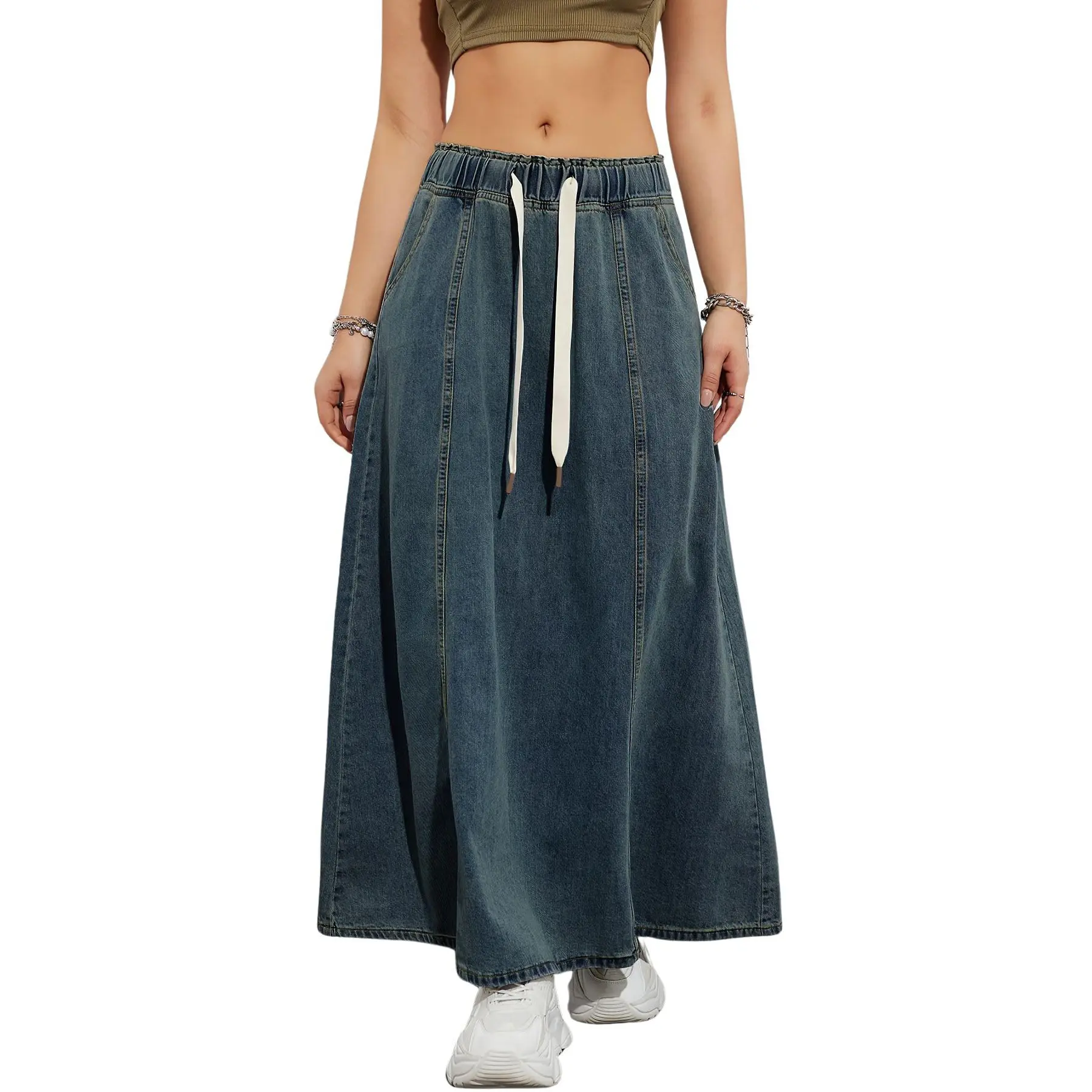 Chouyatou Women's Casual Long Flared Denim Skirt Elastic High Waist A-Line Denim Skirt with Pockets, Bottom, Skirts For Women